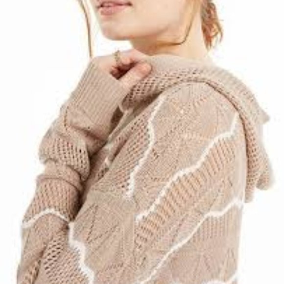 Beige Pointelle-Knit Hoodie Sweater - Picture 2 of 3